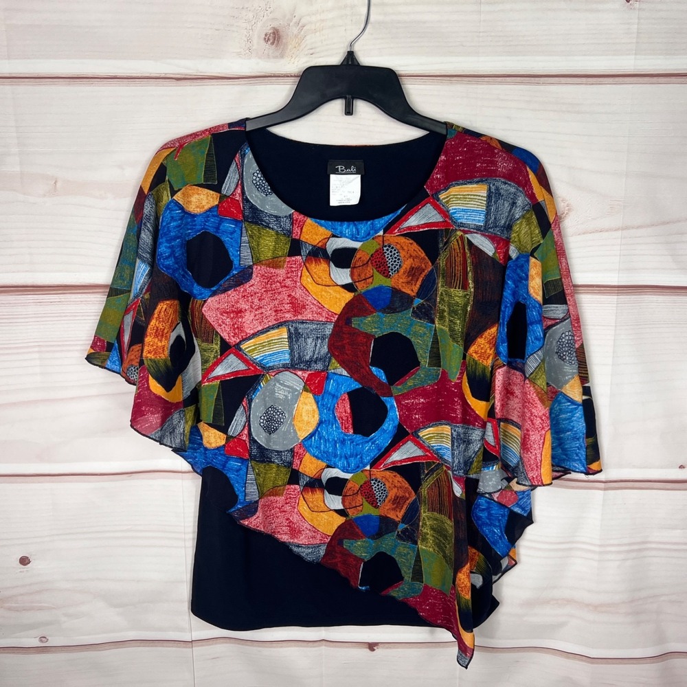 Bali Corp Top Womens M Colorful Geometric Blouse Poncho Scoop Neck Artsy Print